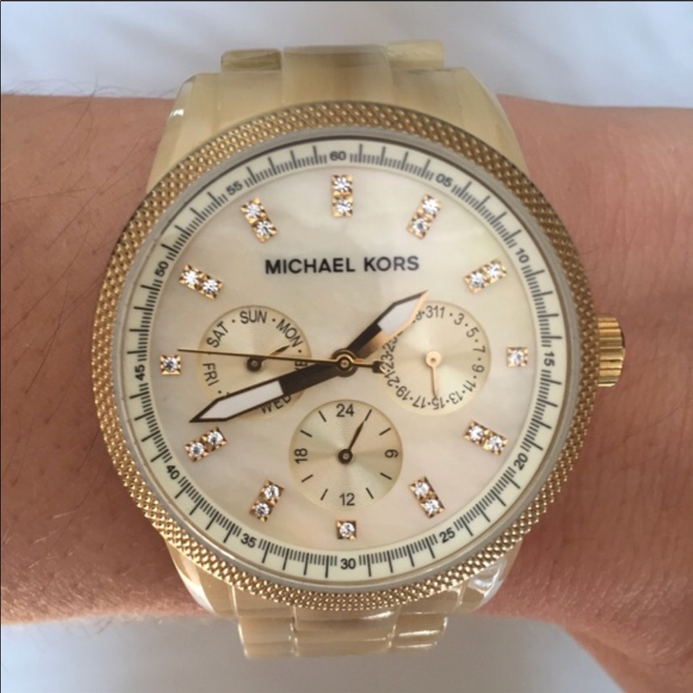 Acetate & Gold Tone Watch w/Crystal Detail